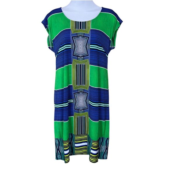 Laundry by Shelli Segal Cap Sleeve Geometric Print Stretch Shift Dress Small - Picture 1 of 7